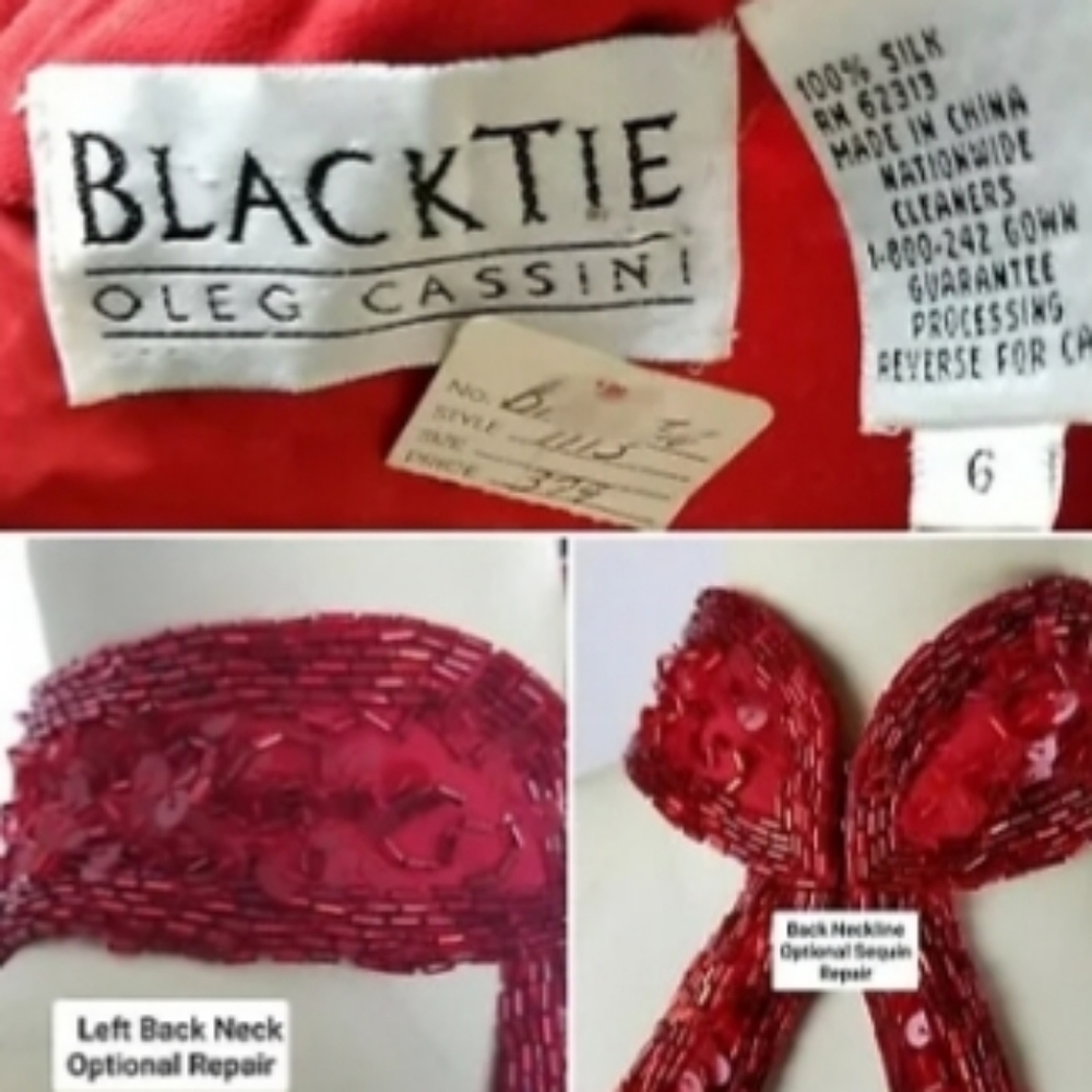 SOLD Vintage Red Oleg Cassini Black Tie Dress - Picture 6 of 8